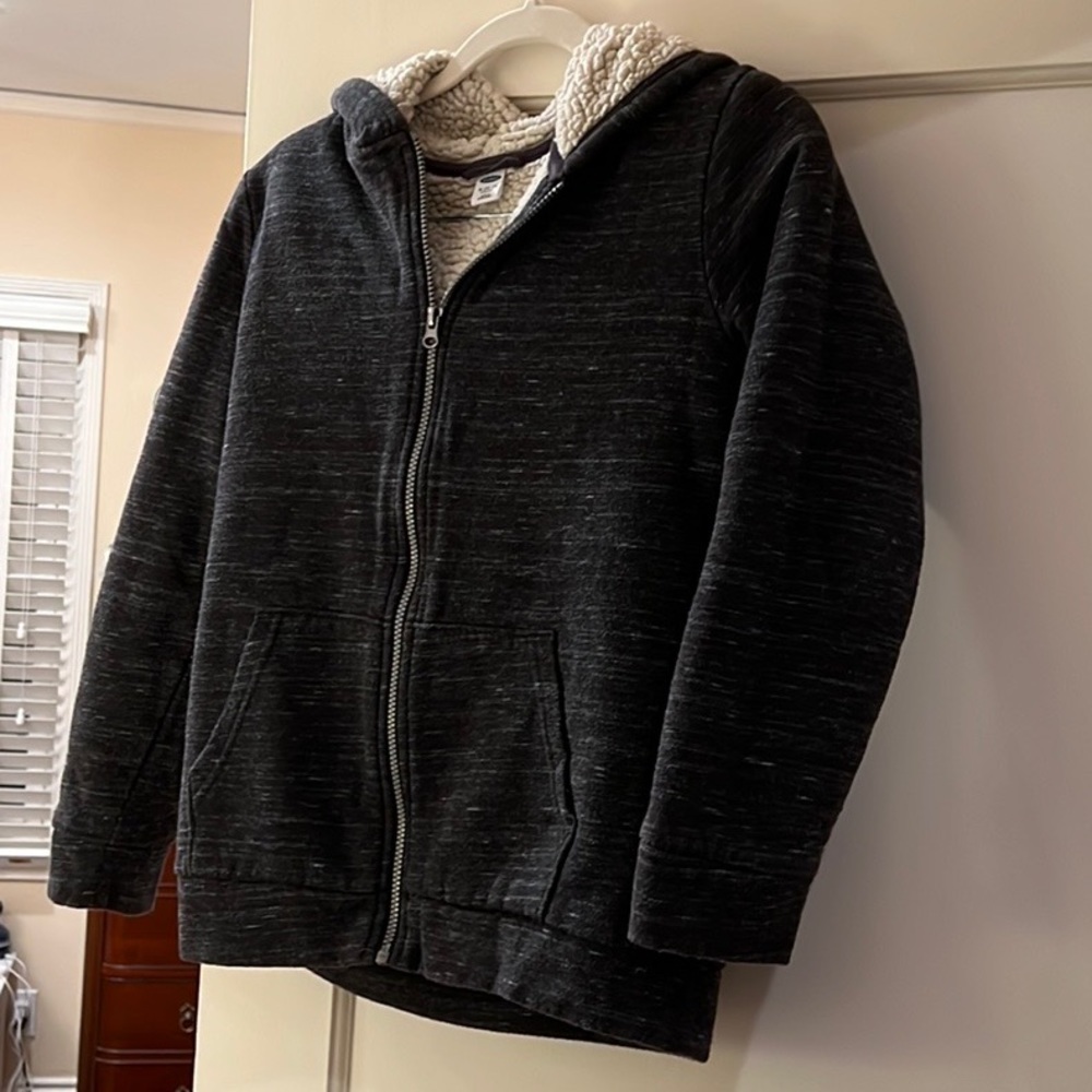 Old Navy Boys Sherpa lined zip up jacket with hood, stretch, size Extra Large